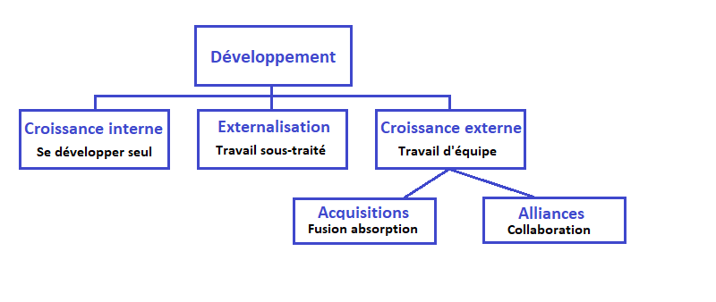 Schéma descriptif de la croissance interne, de la croissance externe et de l'externalisation