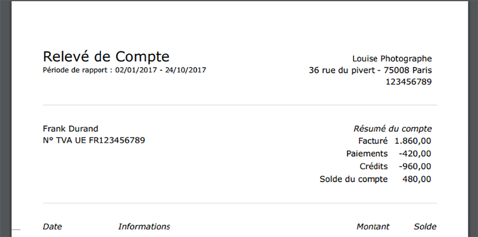 relevé de compte client sur Debitoor