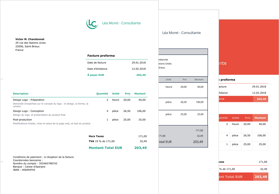 Exemples de factures pro créées avec Debitoor
