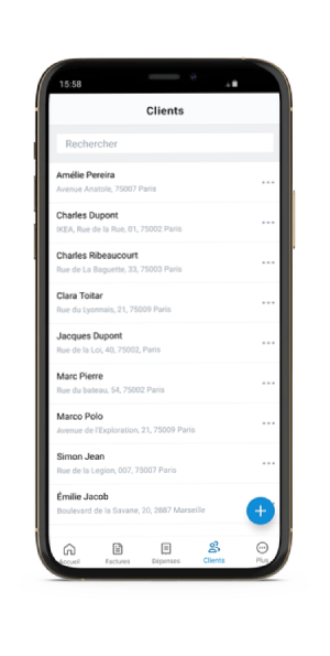 une image d'un iphone montrant une liste de client sur l'appli iOS de Debitoor