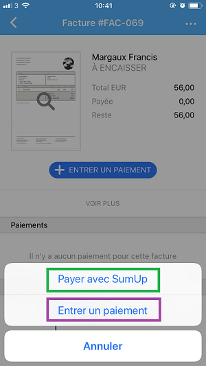 Capture d'écran de l'application Debitoor iOS, pour relier une facture à un paiement
